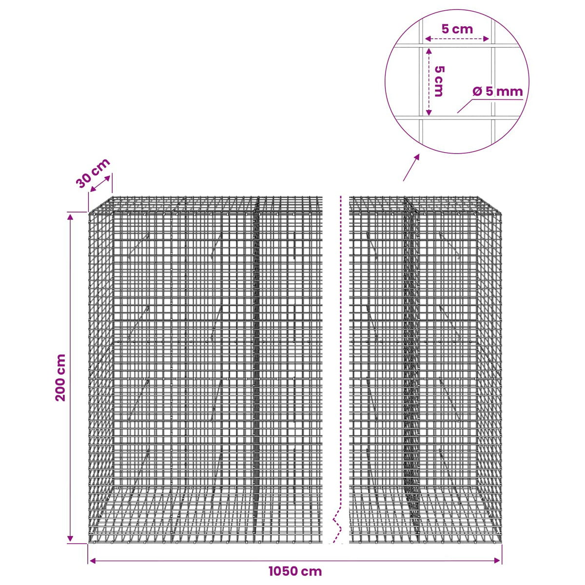 Gabion with 5 mm Wire and 5x5 cm Mesh 1050x30x200 cm 1050 cm