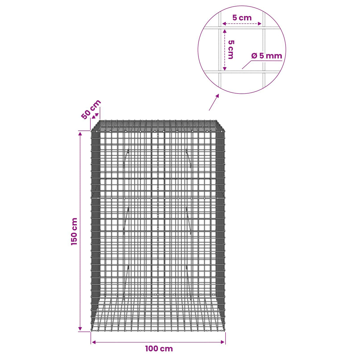 Gabion with 5 mm Wire and 5x5 cm Mesh 50x50x150 cm 100 cm