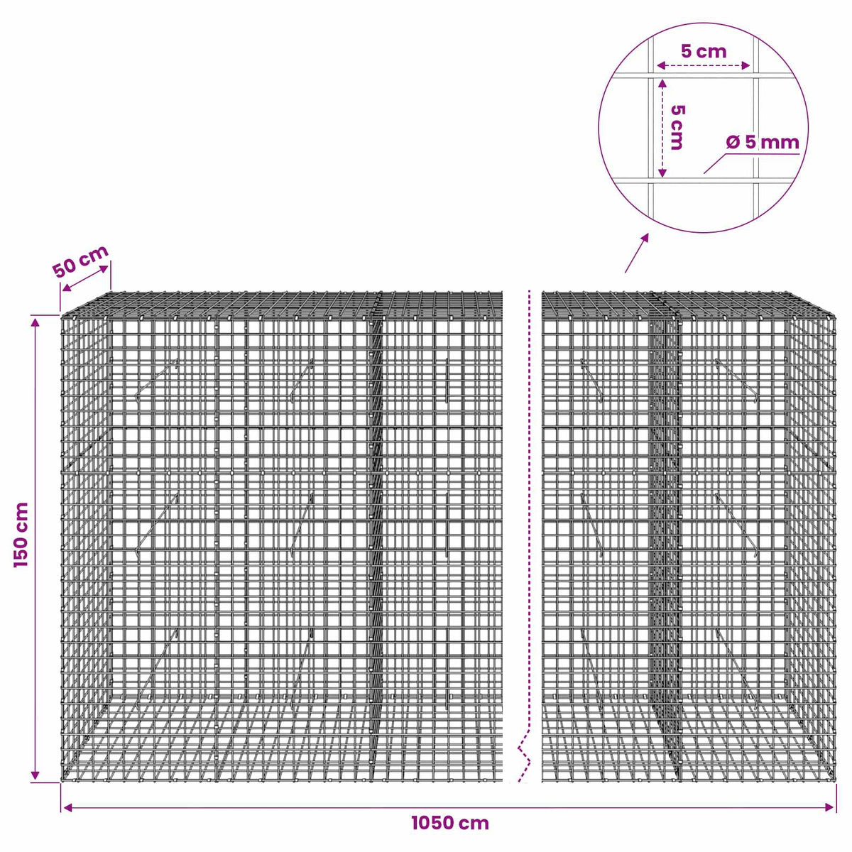 Gabion with 5 mm Wire and 5x5 cm Mesh 1050x50x150 cm 1050 cm