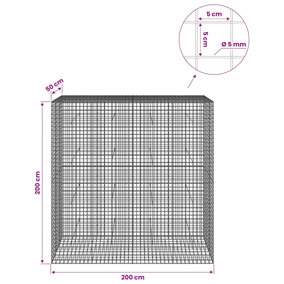 Gabion with 5 mm Wire and 5x5 cm Mesh 50x50x200 cm 200 cm