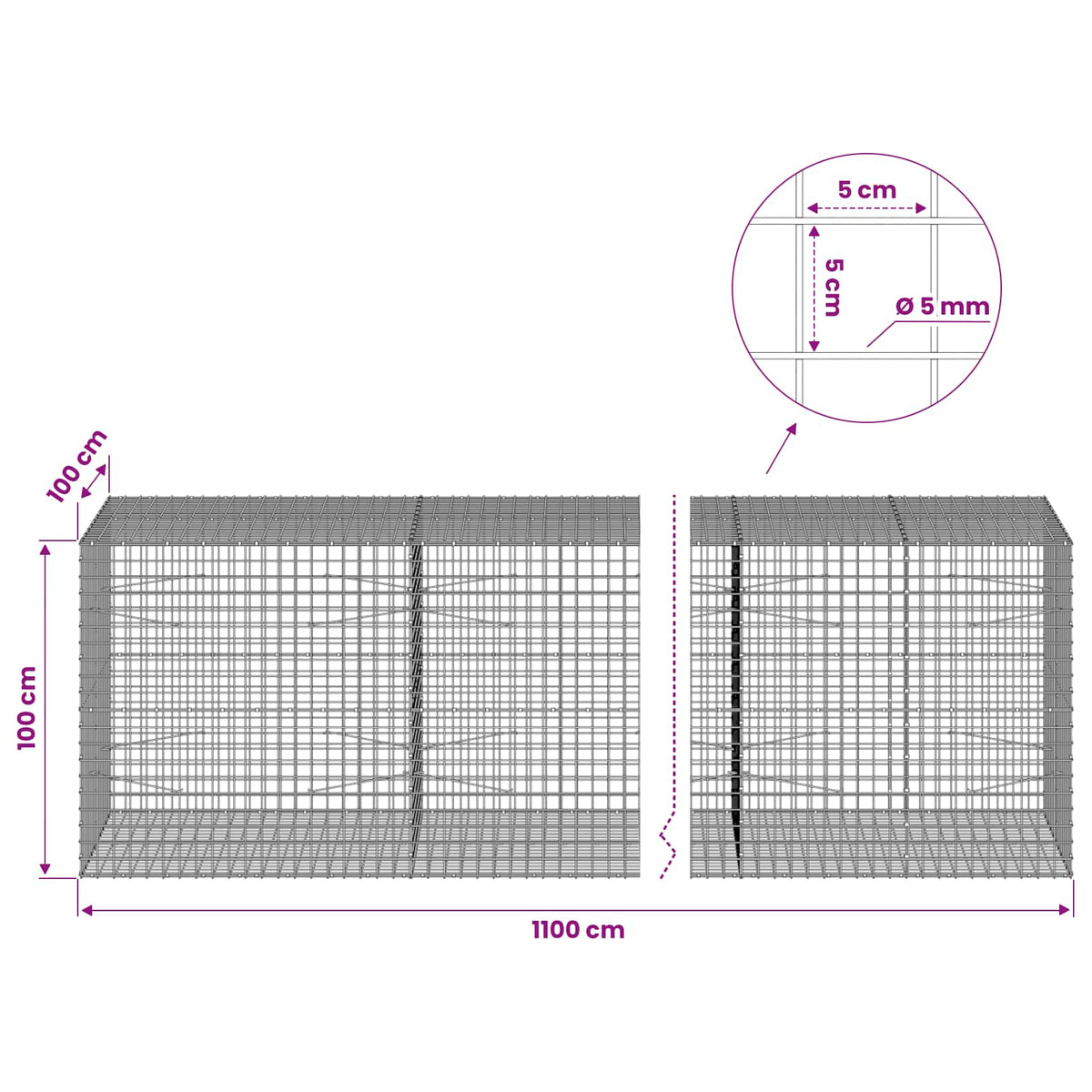 Gabion with 5 mm Wire and 5x5 cm Mesh 1050x100x100 cm 1100 cm