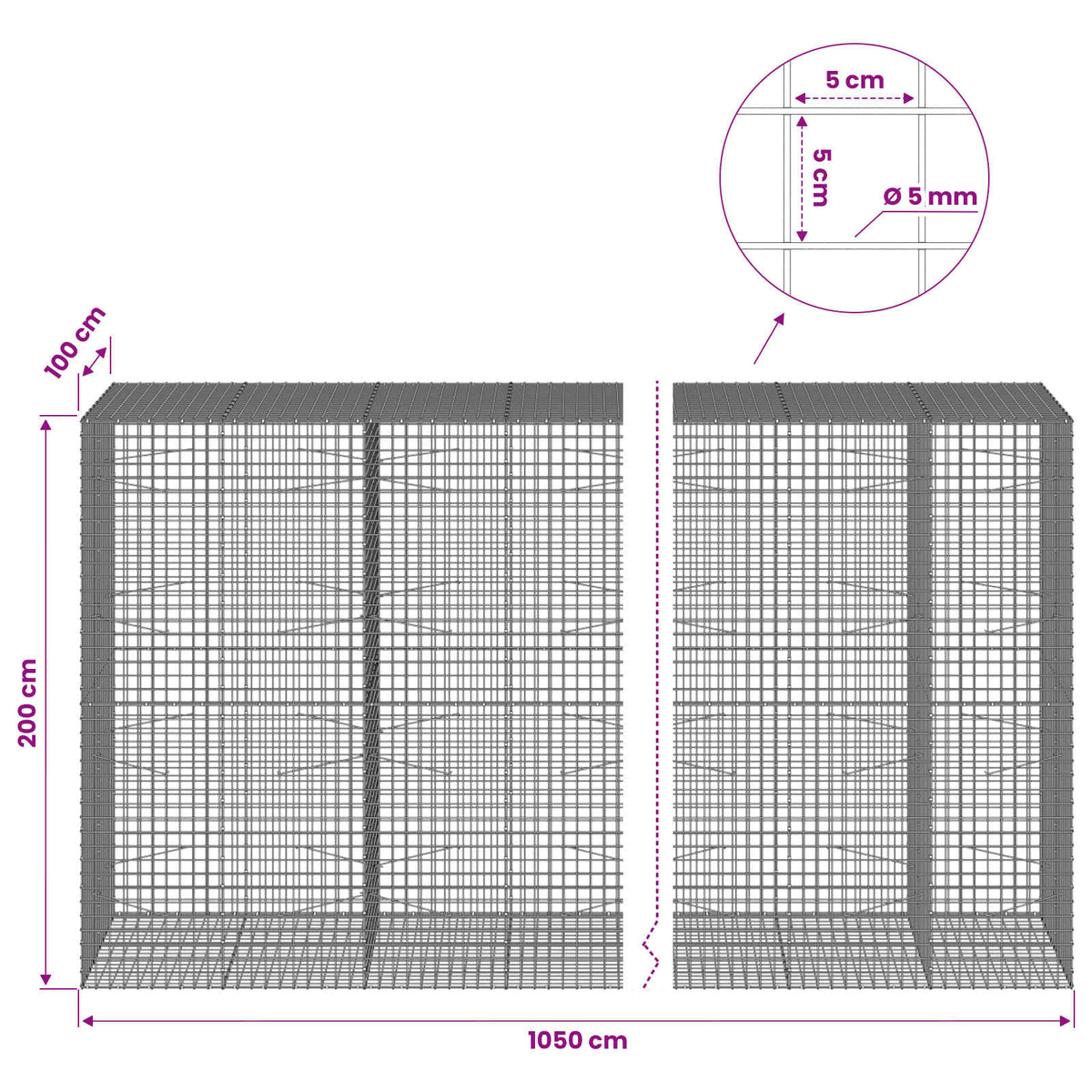 Gabion with 5 mm Wire and 5x5 cm Mesh 1050x100x200 cm 1050 cm