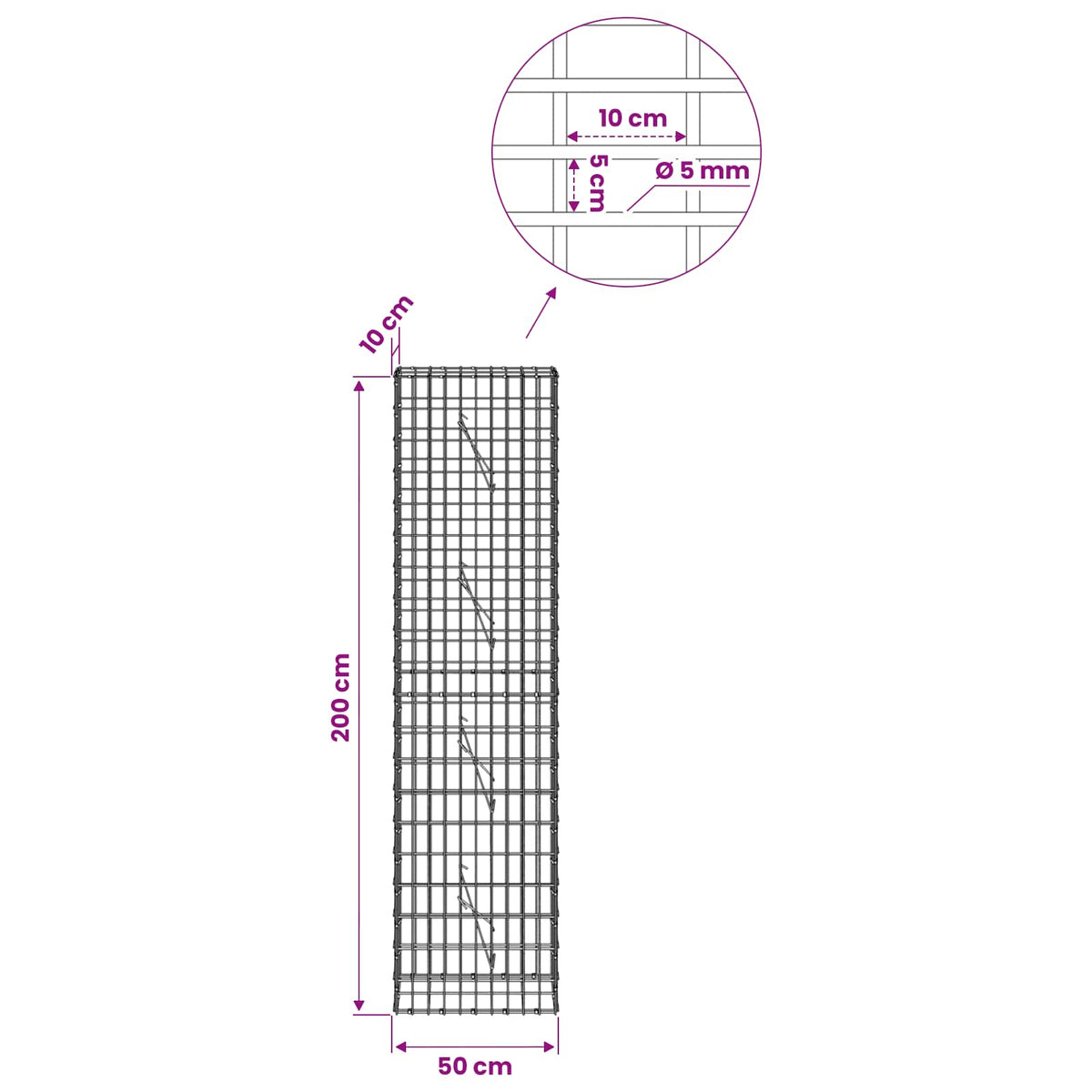 Gabion with 5 mm Wire and 5x10 cm Mesh 50x10x200 cm 50 cm