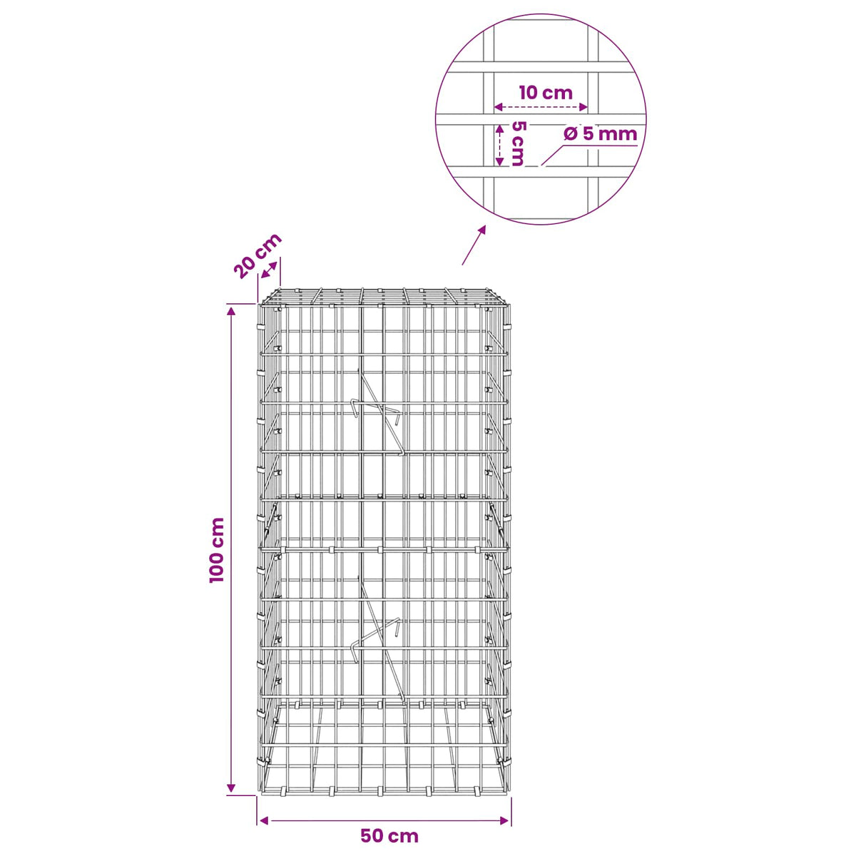 Gabion with 5 mm Wire and 5x10 cm Mesh 50x20x100 cm 50 cm