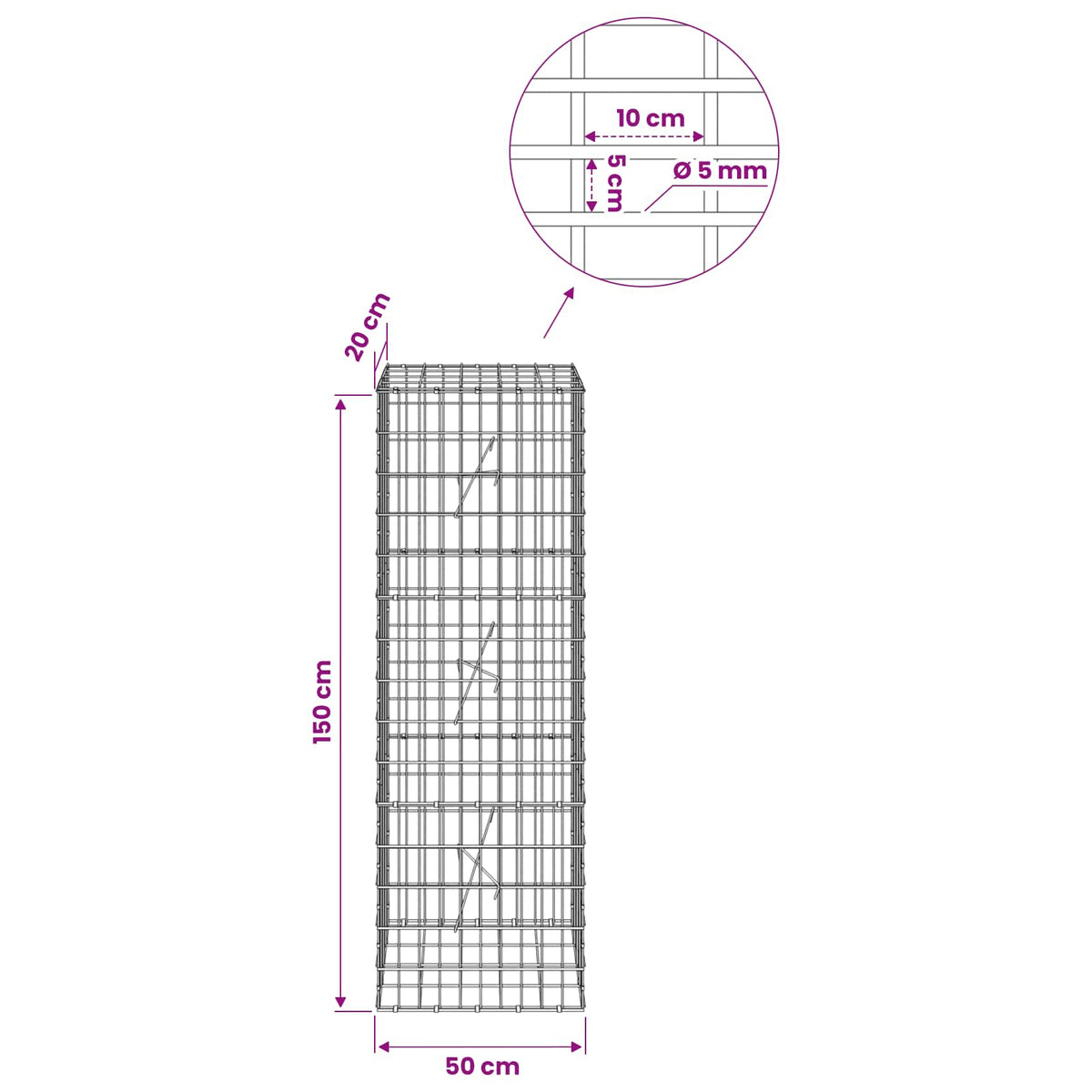 Gabion with 5 mm Wire and 5x10 cm Mesh 50x20x150 cm 50 cm