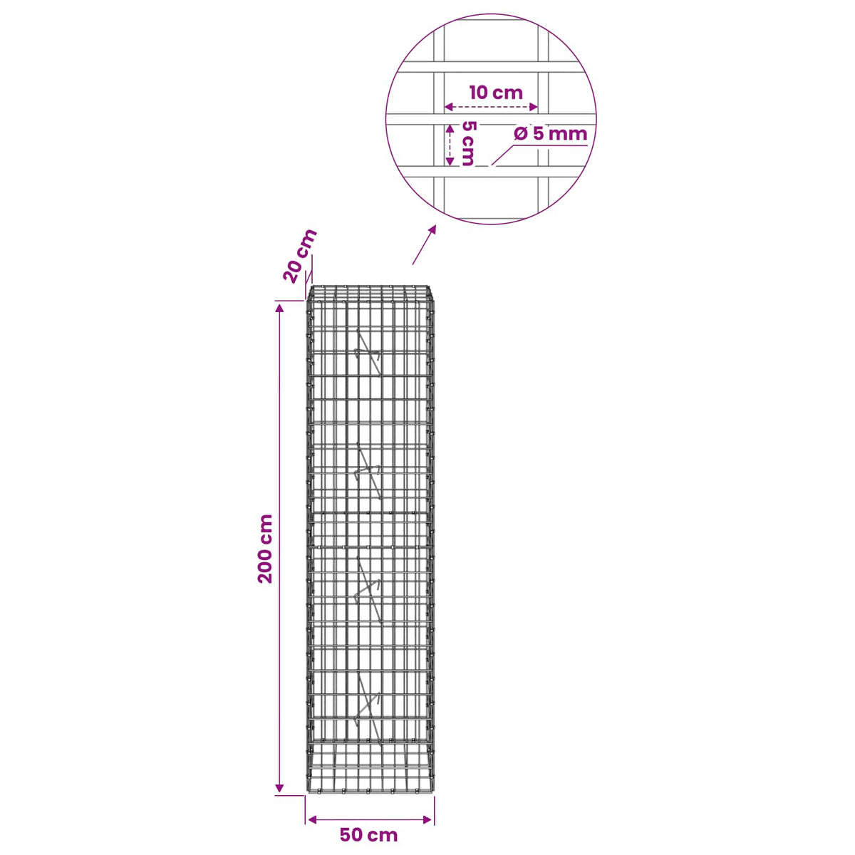 Gabion with 5 mm Wire and 5x10 cm Mesh 50x20x200 cm 50 cm