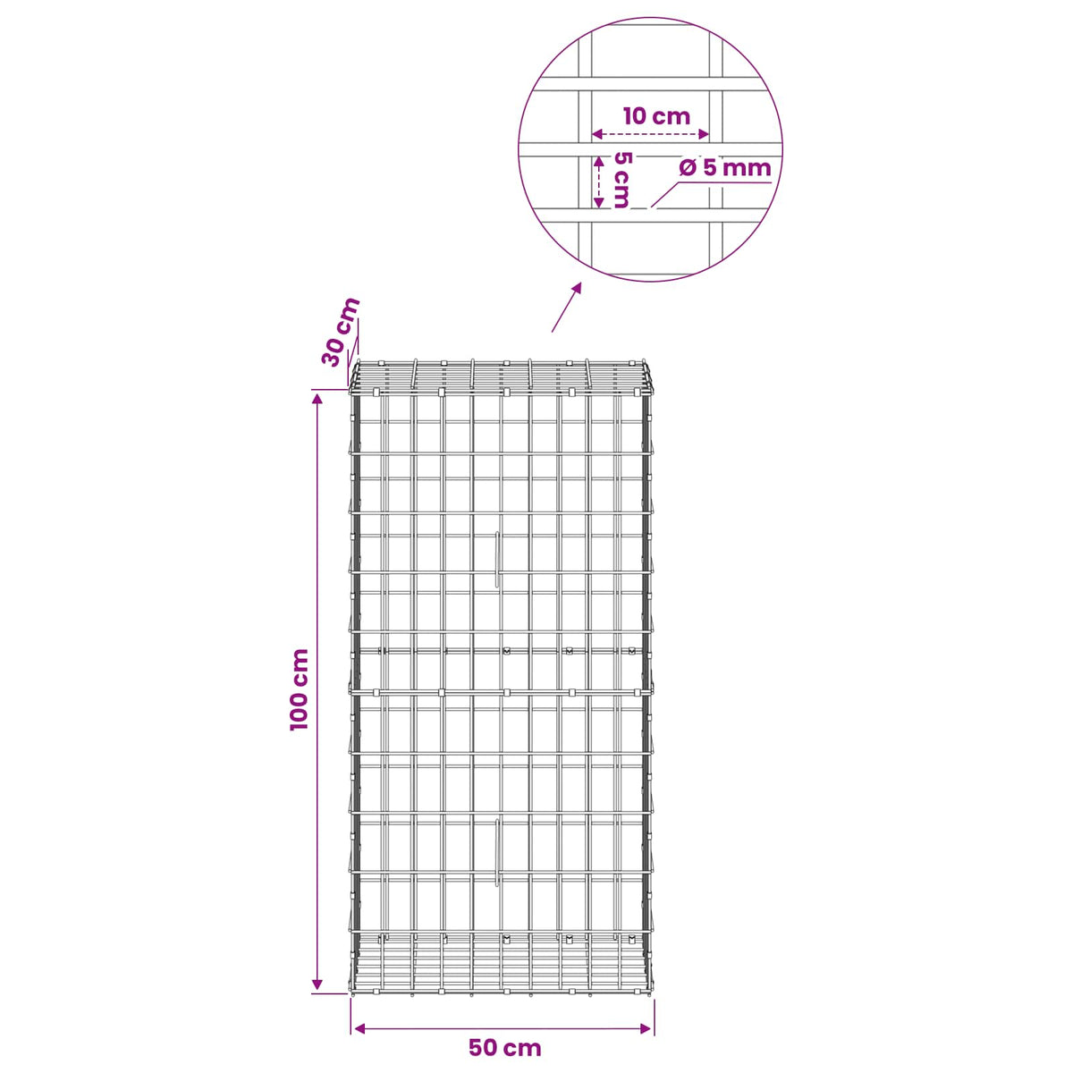 Gabion with 5 mm Wire and 5x10 cm Mesh 50x30x100 cm 50 cm