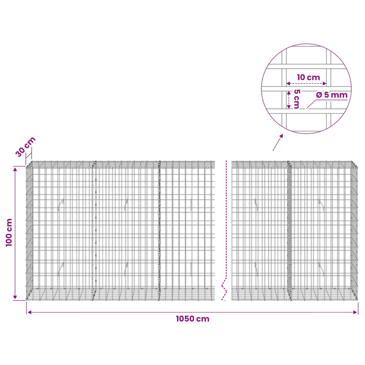 Gabion with 5 mm Wire and 5x10 cm Mesh 1050x30x100 cm 1050 cm