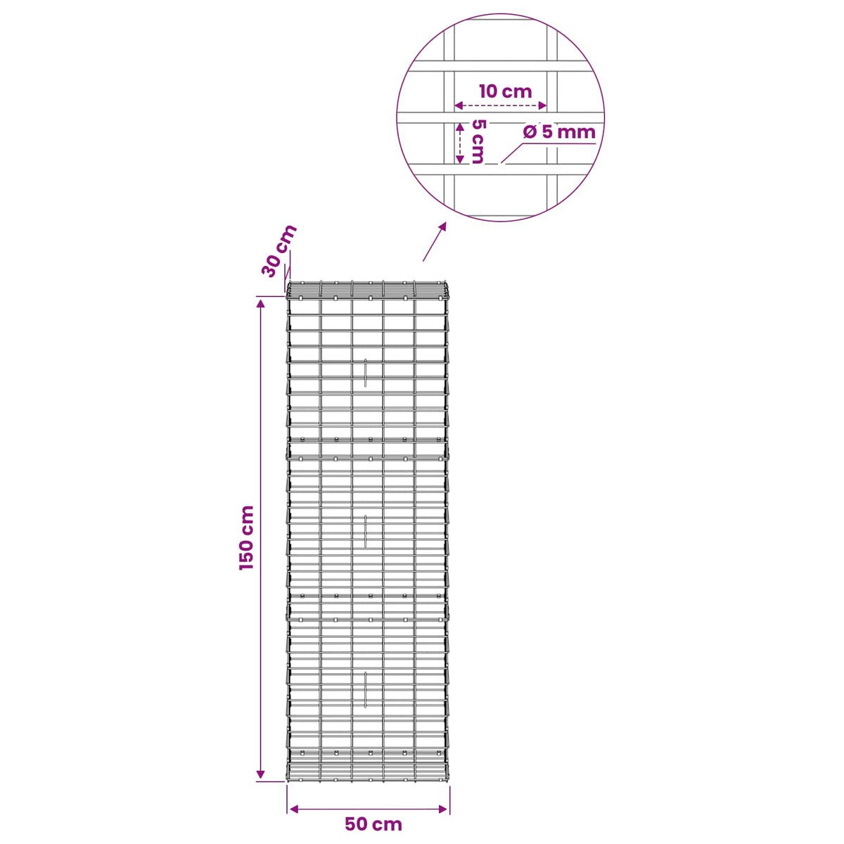 Gabion with 5 mm Wire and 5x10 cm Mesh 50x30x150 cm 50 cm