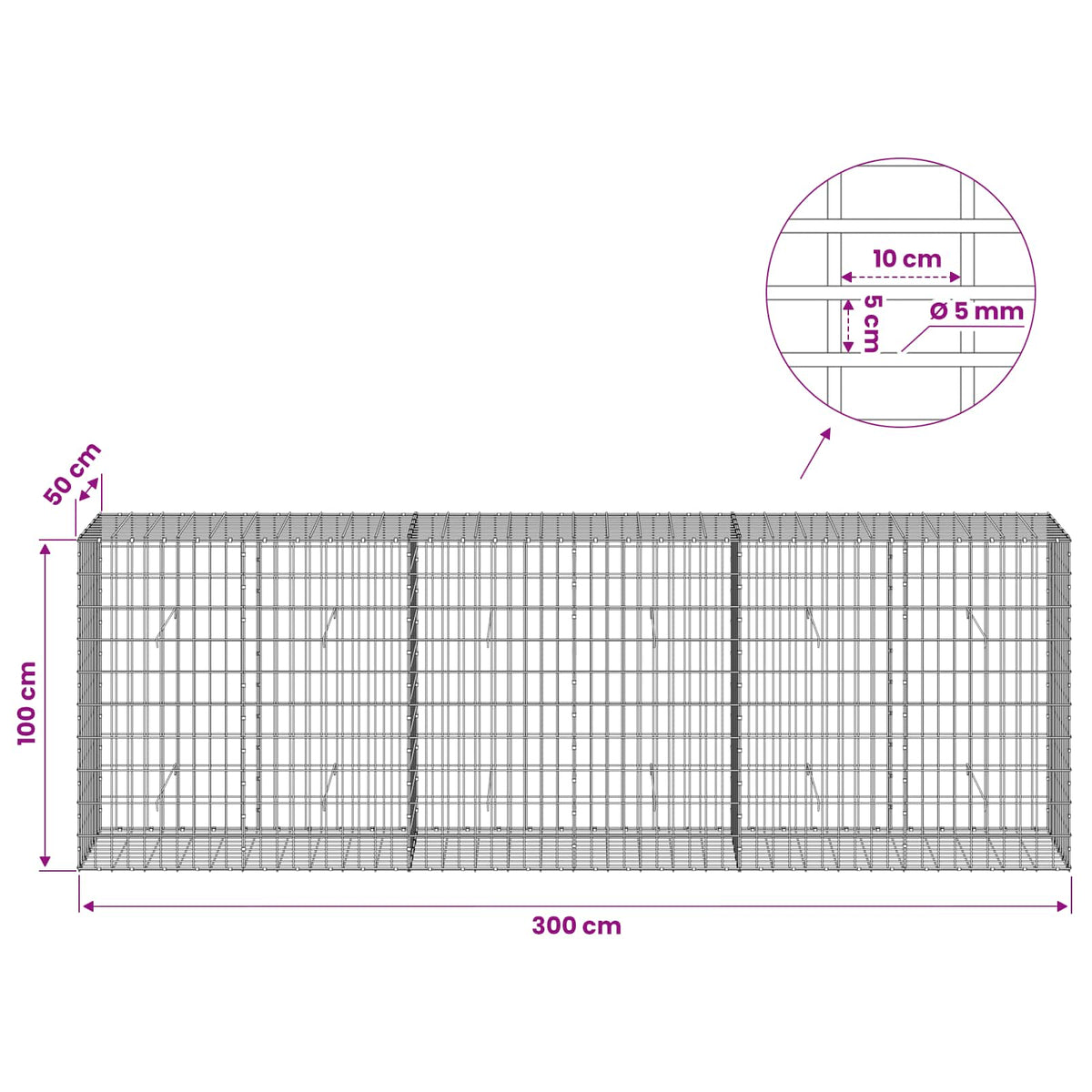 Gabion with 5 mm Wire and 5x10 cm Mesh 50x50x100 cm 300 cm