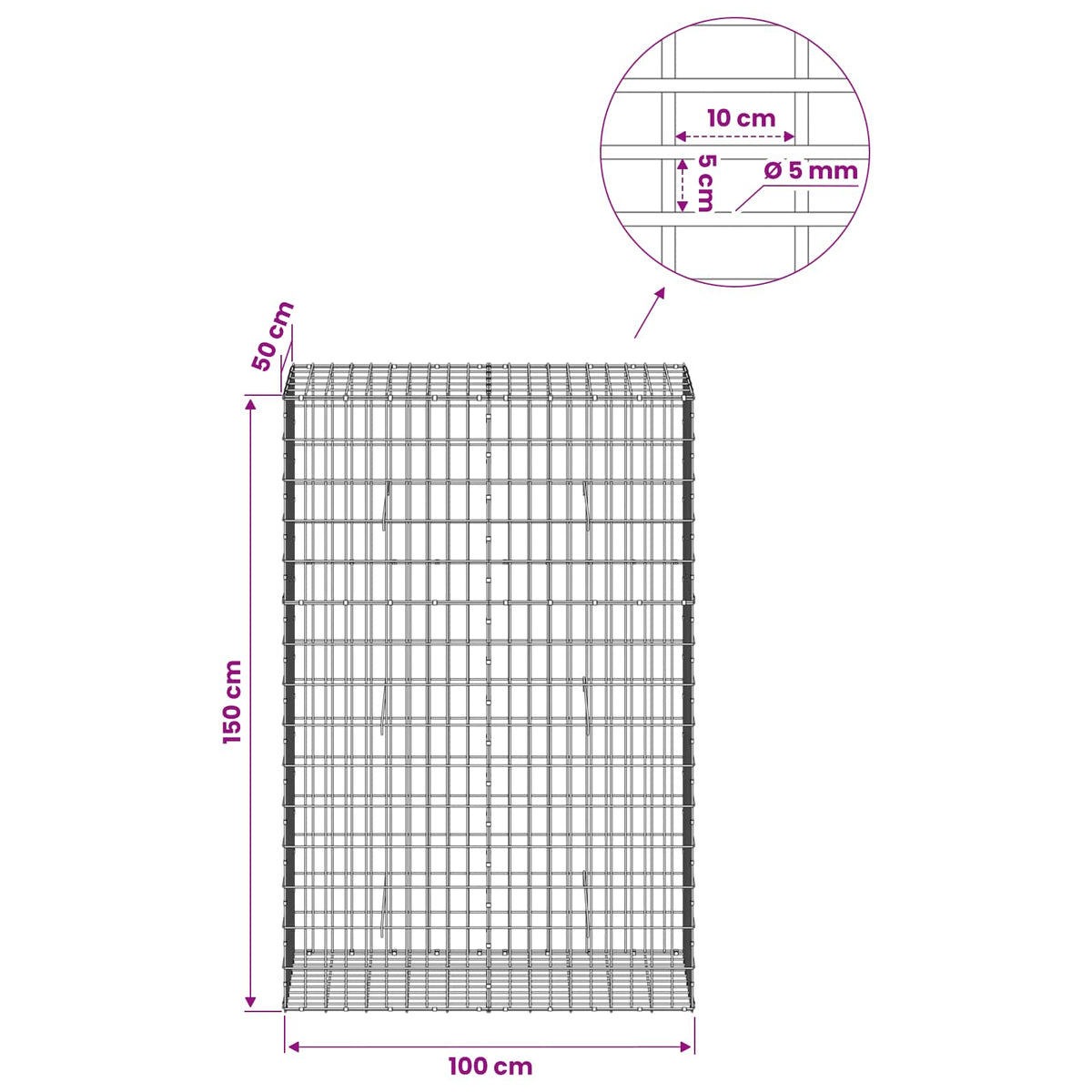 Gabion with 5 mm Wire and 5x10 cm Mesh 50x50x150 cm 100 cm