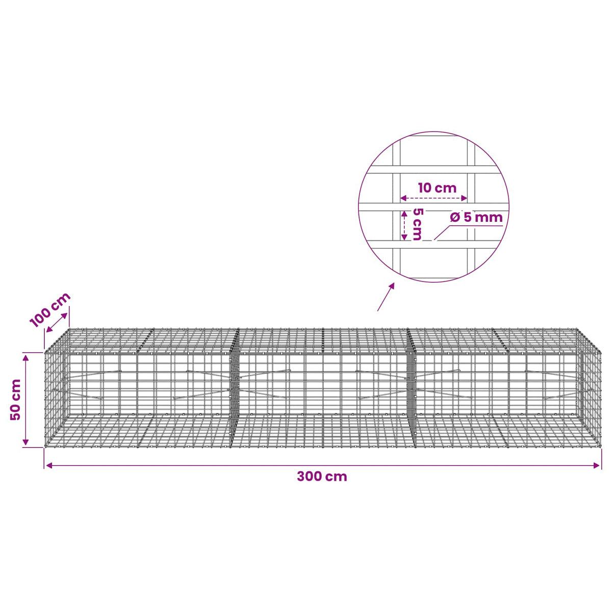 Gabion with 5 mm Wire and 5x10 cm Mesh 50x100x50 cm 300 cm