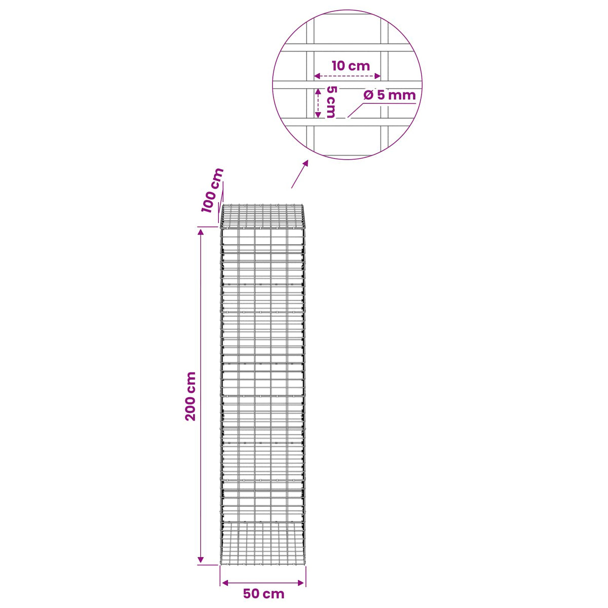 Gabion with 5 mm Wire and 5x10 cm Mesh 50x100x200 cm 50 cm