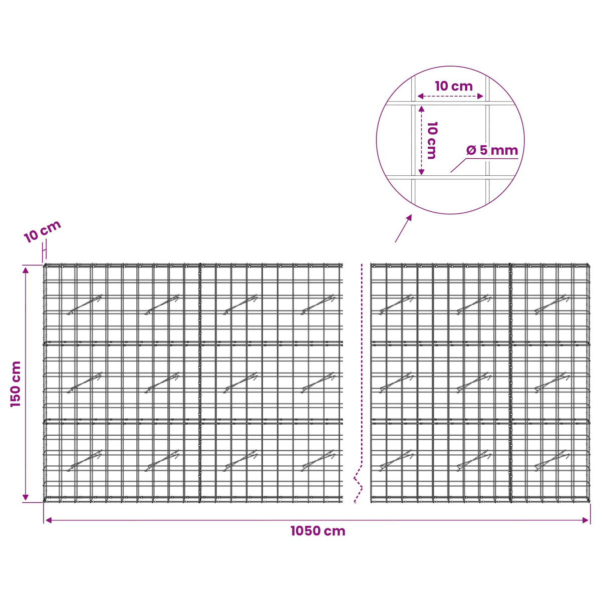 Gabion with 5 mm Wire and 10x10 cm Mesh 1050x10x150 cm 1050 cm