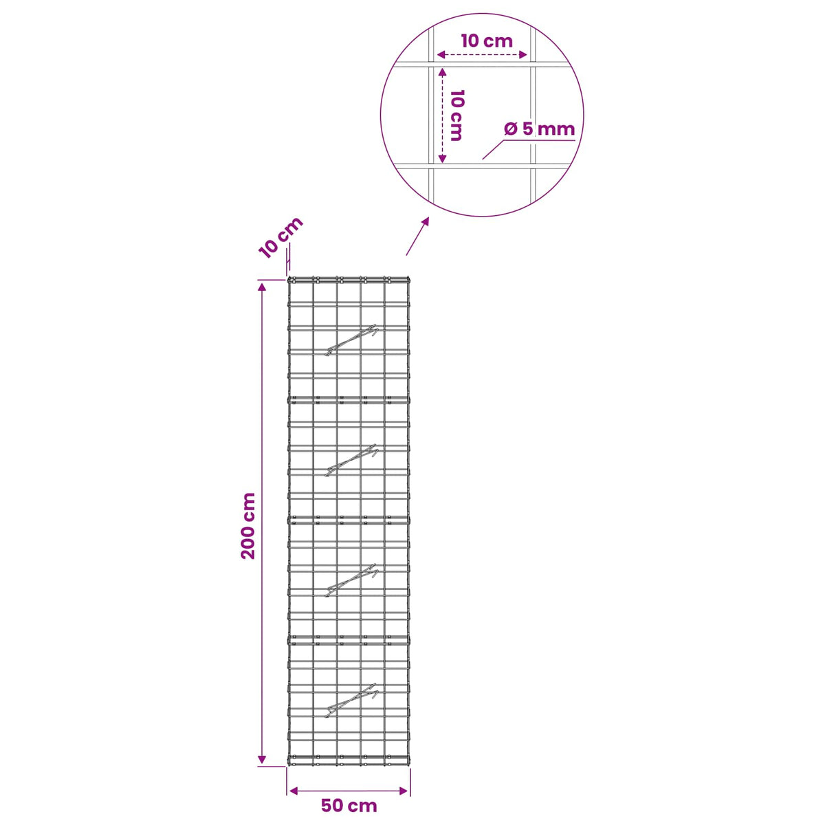 Gabion with 5 mm Wire and 10x10 cm Mesh 50x10x200 cm 50 cm