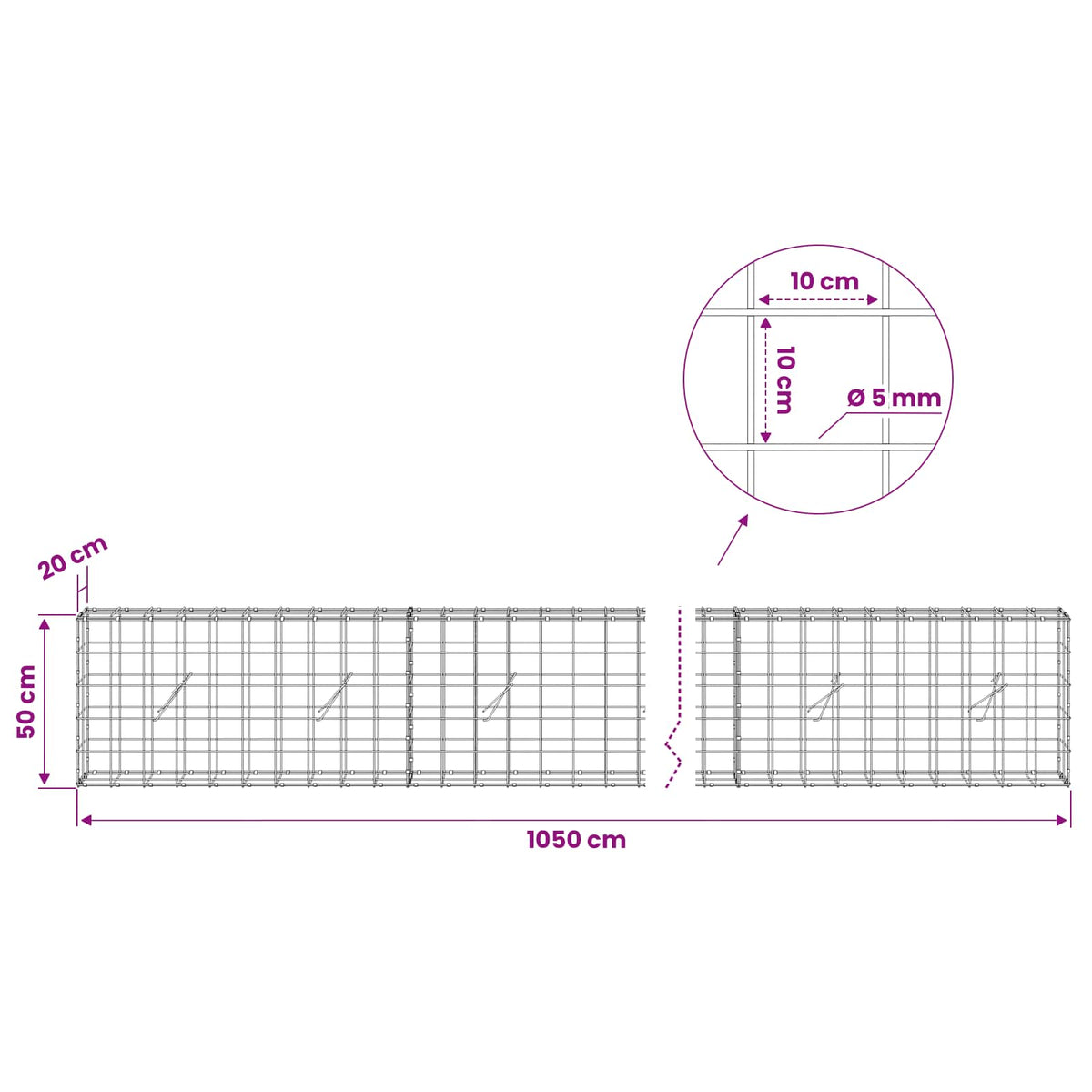 Gabion with 5 mm Wire and 10x10 cm Mesh 1050x20x50 cm 1050 cm