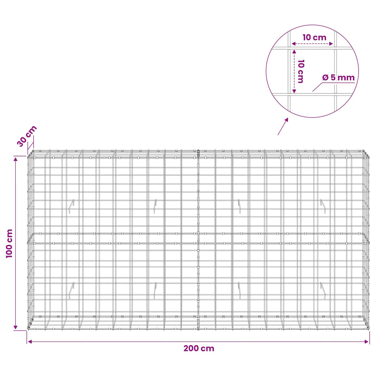 Gabion with 5 mm Wire and 10x10 cm Mesh 50x30x100 cm 200 cm