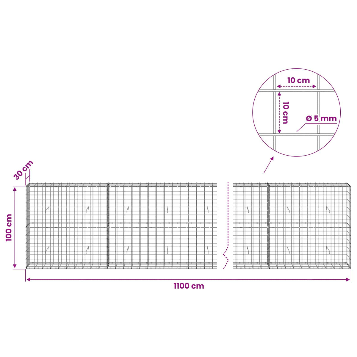 Gabion with 5 mm Wire and 10x10 cm Mesh 1050x30x100 cm 1100 cm