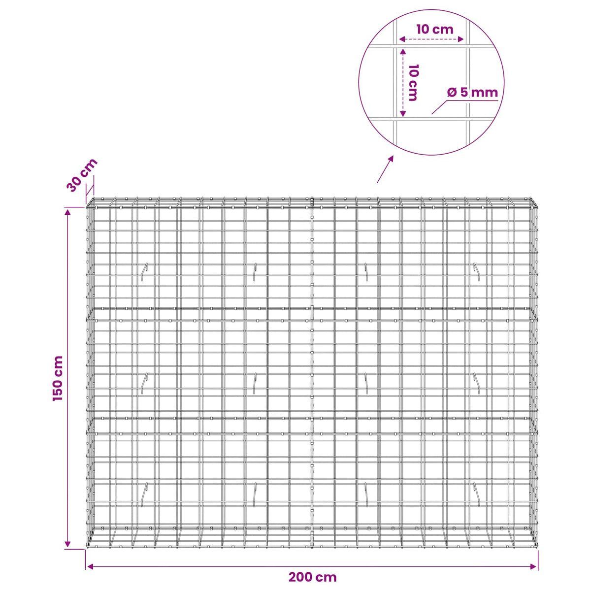 Gabion with 5 mm Wire and 10x10 cm Mesh 50x30x150 cm 200 cm