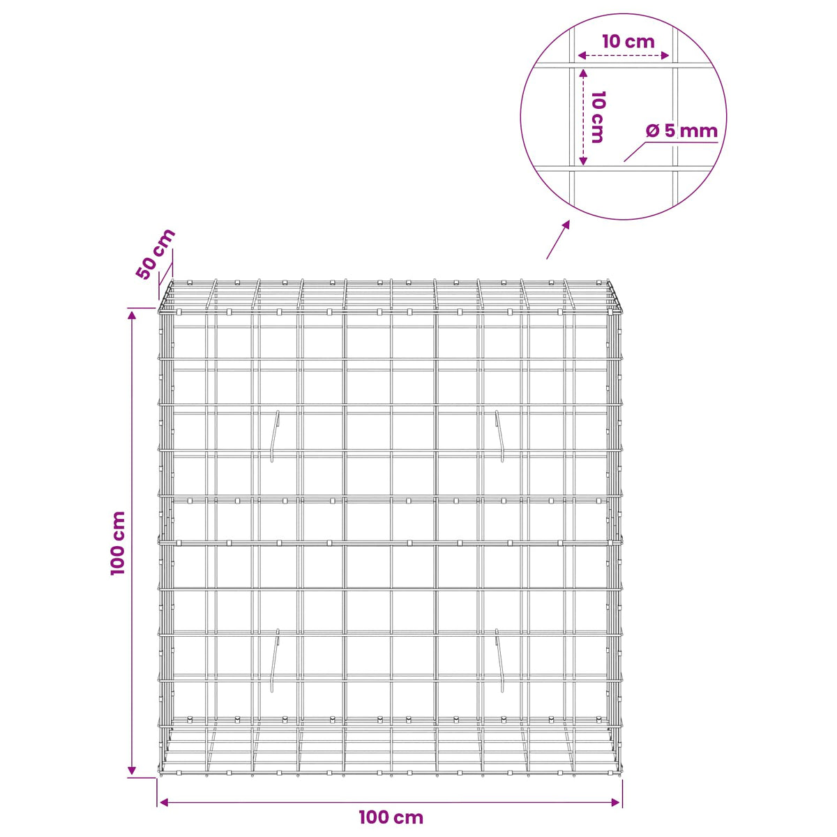 Gabion with 5 mm Wire and 10x10 cm Mesh 50x50x100 cm 100 cm