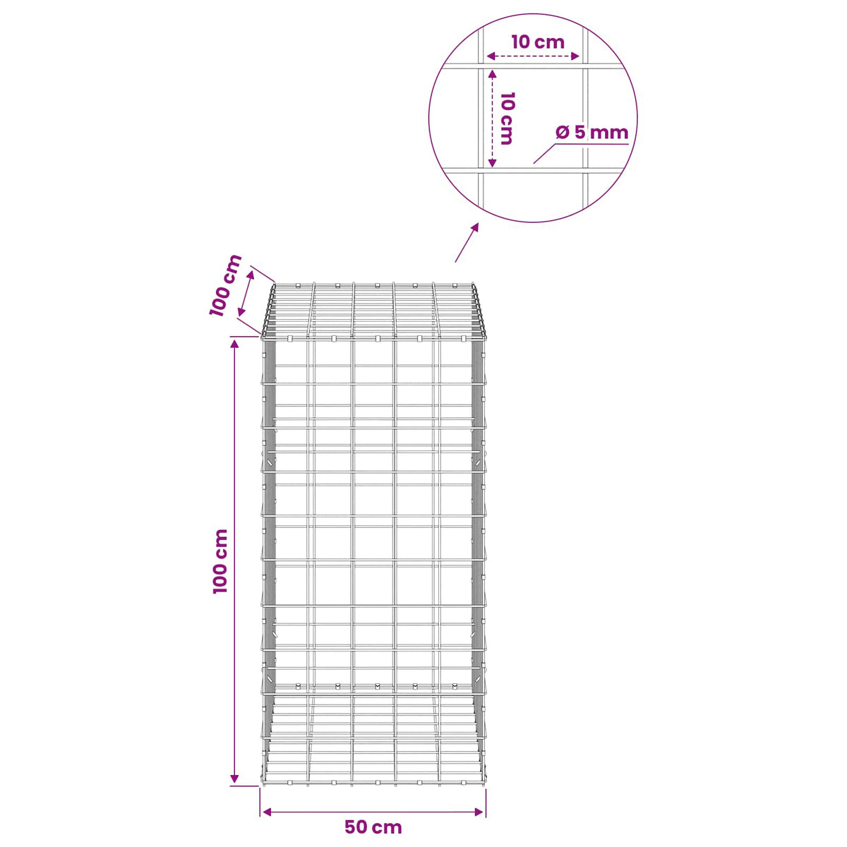 Gabion with 5 mm Wire and 10x10 cm Mesh 50x100x100 cm 50 cm