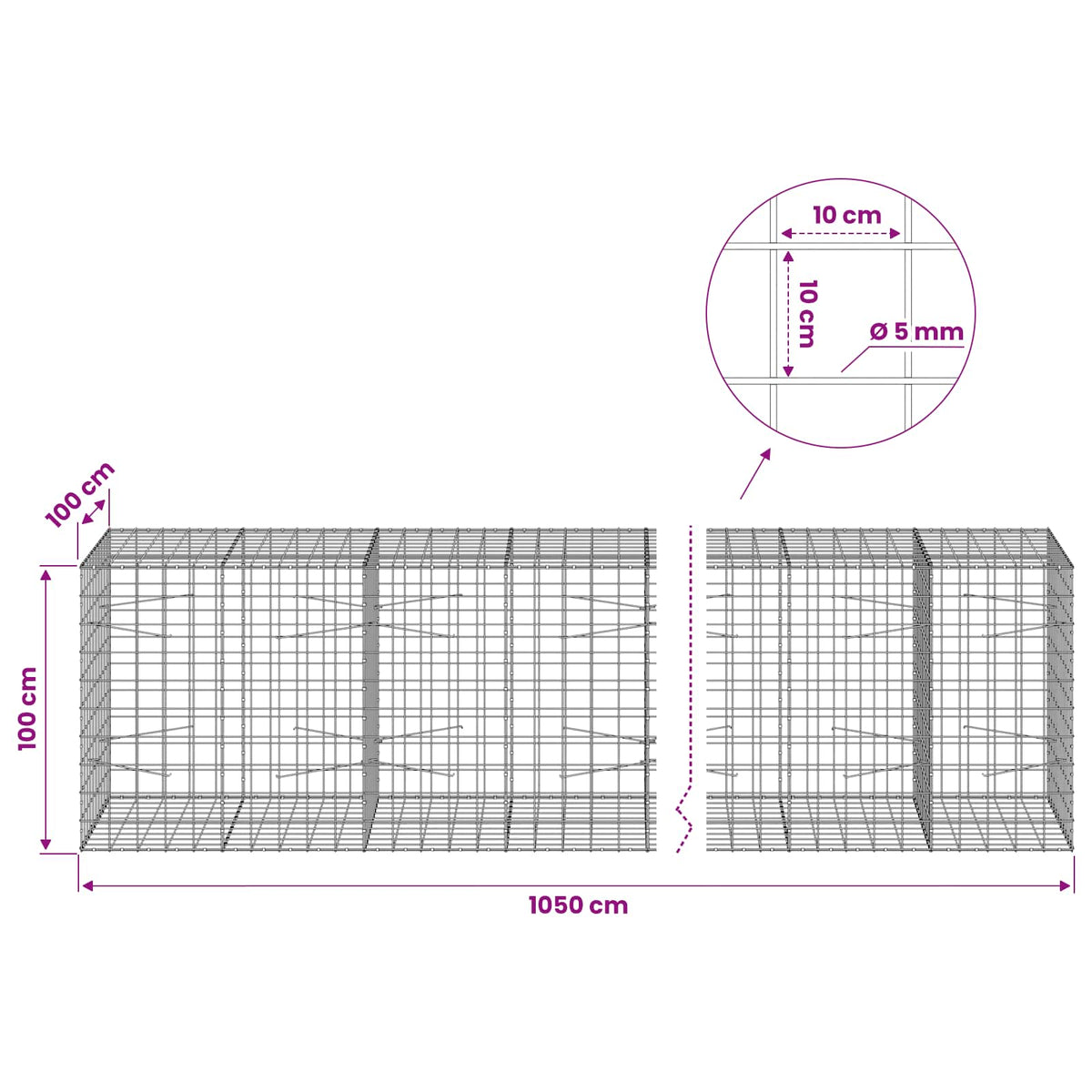 Gabion with 5 mm Wire and 10x10 cm Mesh 1050x100x100 cm 1050 cm