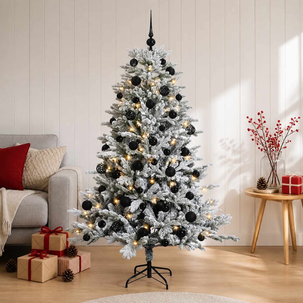 Artificial Christmas Tree with Bauble 150 LEDs Green and White 120 cm with LEDs & black balls