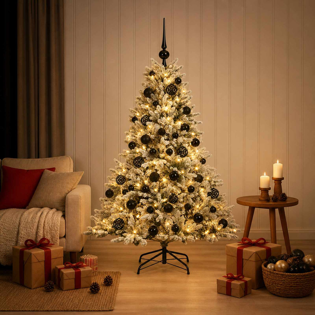Artificial Christmas Tree Bauble LEDs Green White black balls