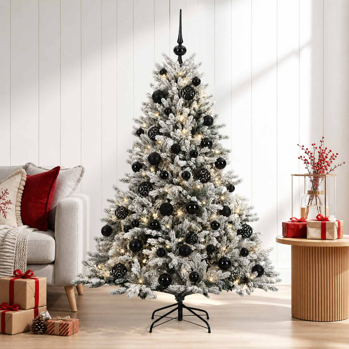 Artificial Christmas Tree with Bauble 150 LEDs Green and White with LEDs & black balls