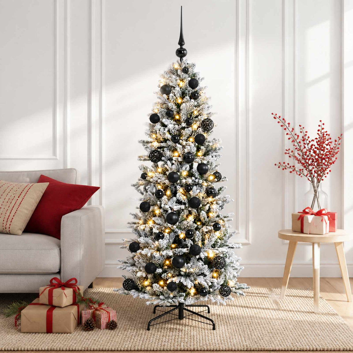 Artificial Christmas Tree Bauble LEDs Green White black balls