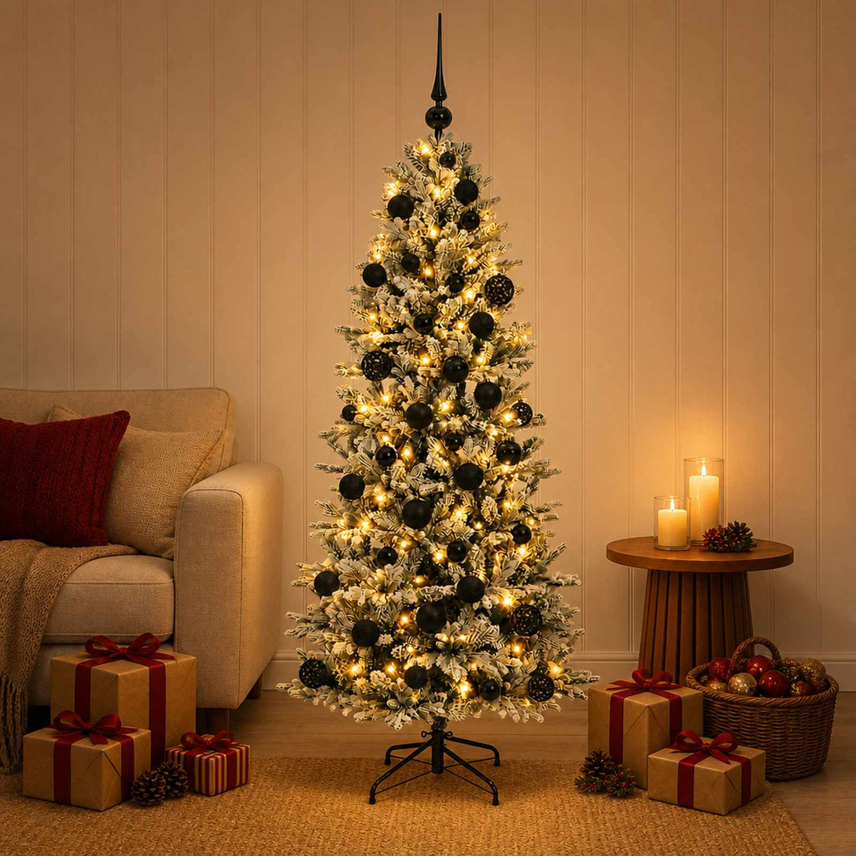 Artificial Christmas Tree with Bauble 150 LEDs Green and White with LEDs & black balls