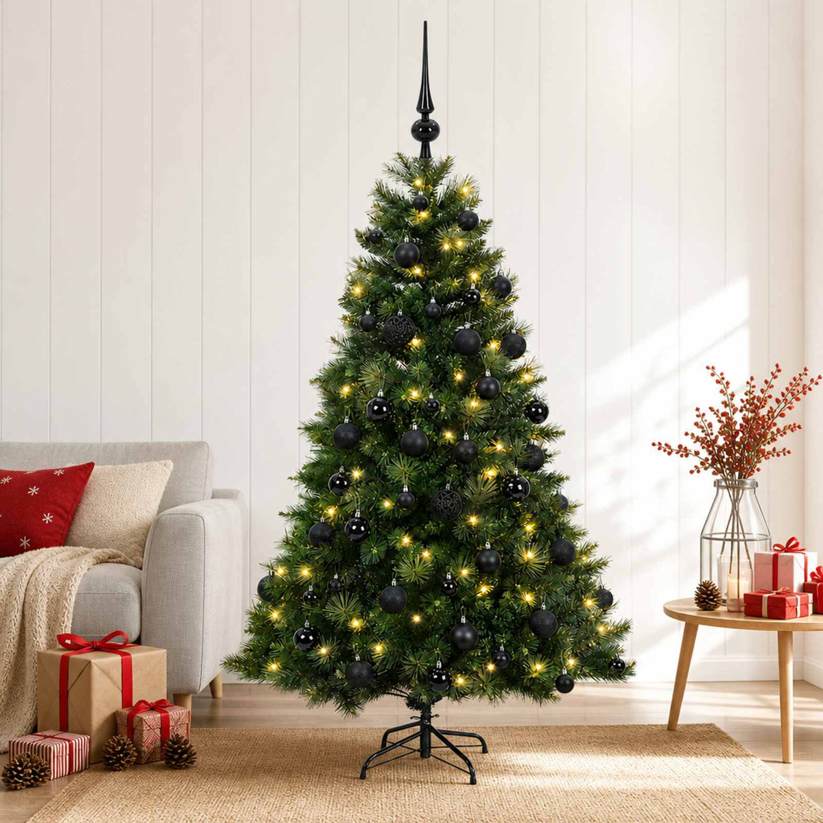 Artificial Christmas Tree Bauble LEDs Green black balls