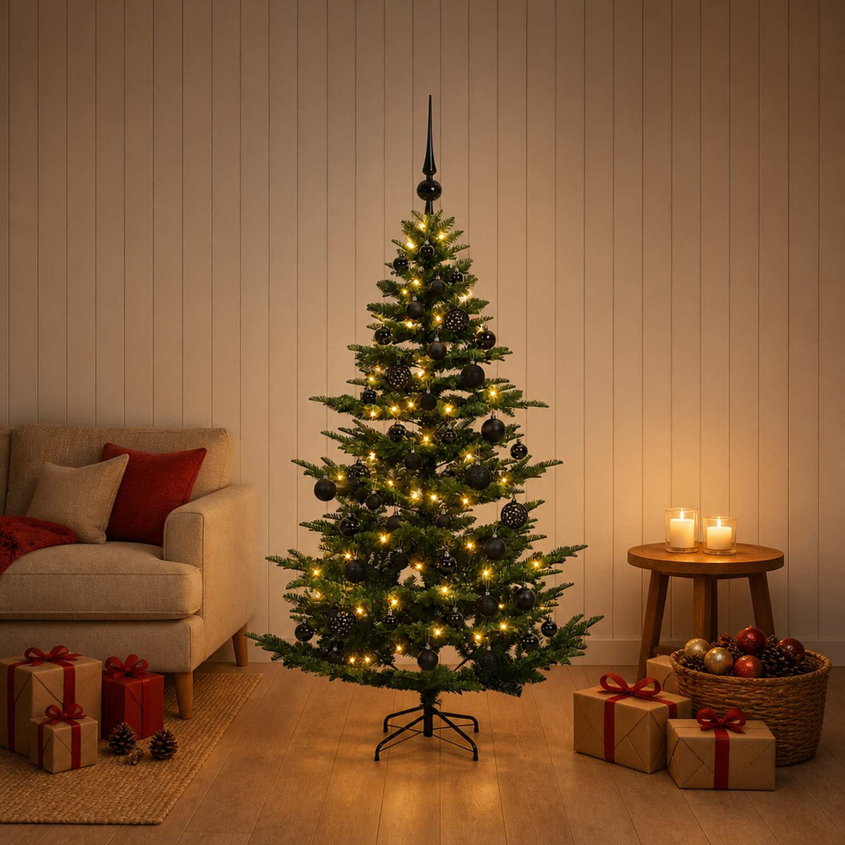 Artificial Christmas Tree with Bauble 150 LEDs Green Height 120 cm with LEDs & black balls
