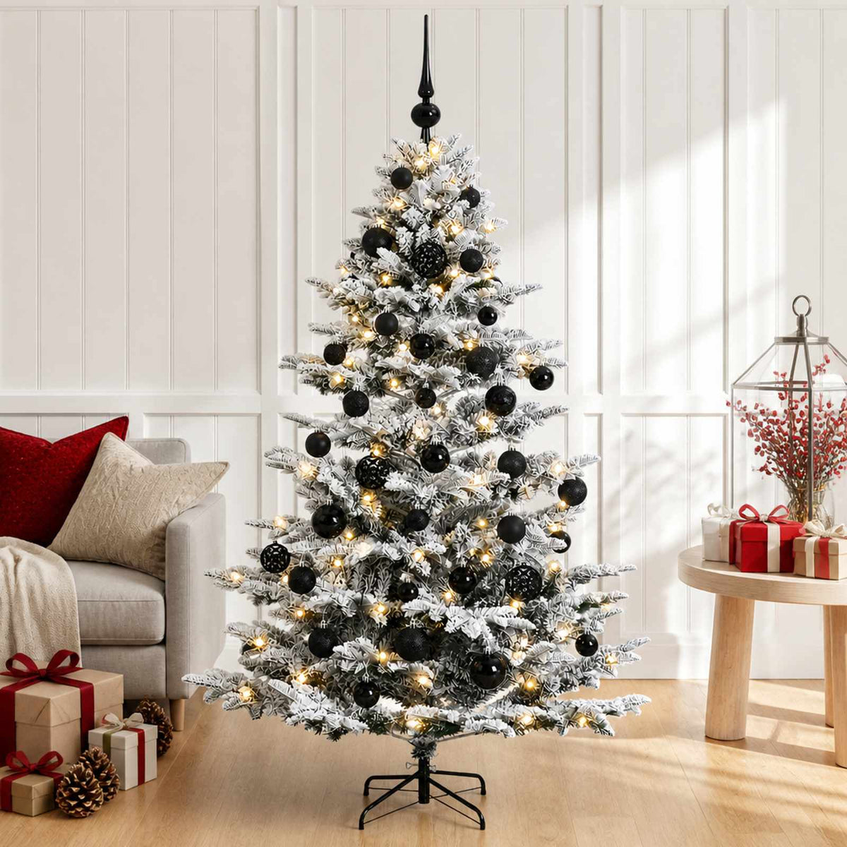 Artificial Christmas Tree with Bauble 150 LEDs Green and White 150 cm with LEDs & black balls