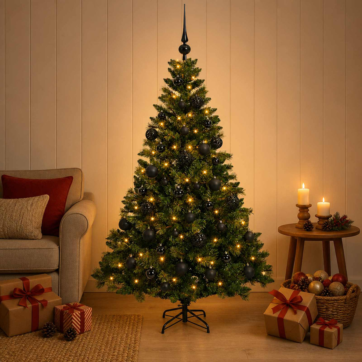 Artificial Christmas Tree with Bauble 150 LEDs Green Height 120 cm with LEDs & black balls