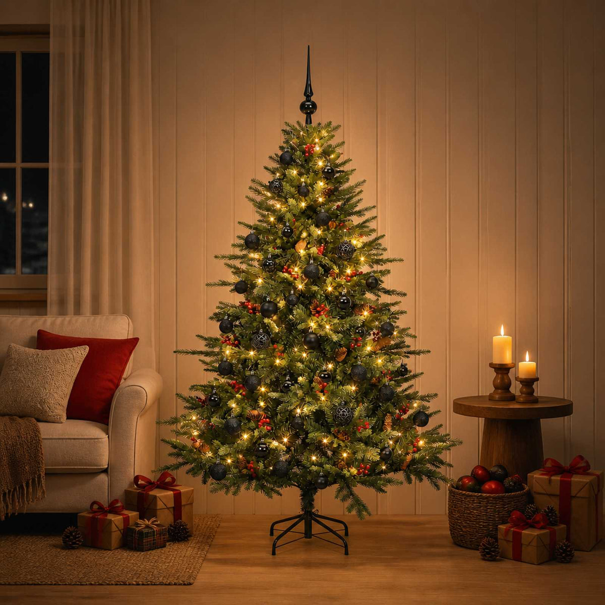 Artificial Christmas Tree Bauble LEDs Green black balls