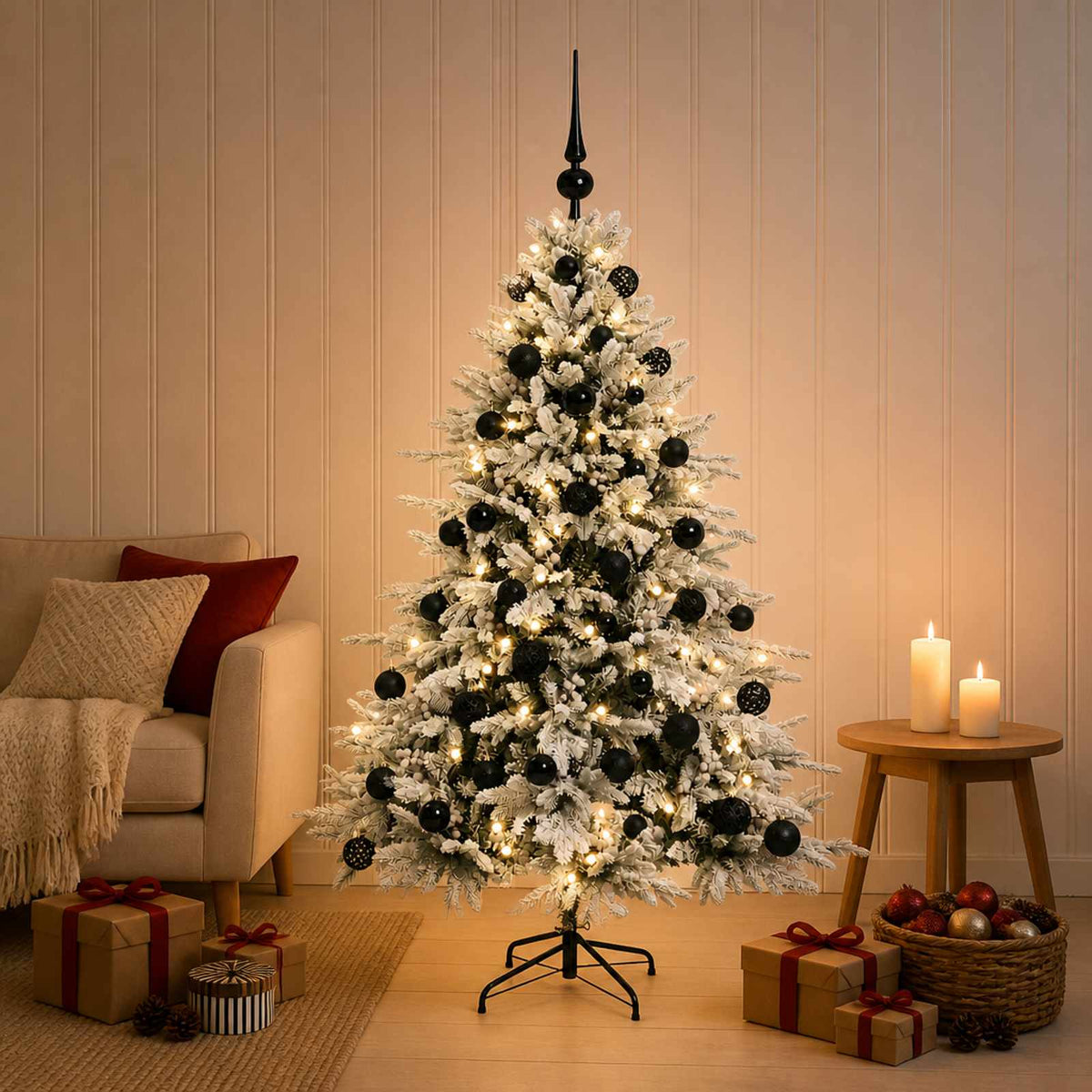 Artificial Christmas Tree Bauble LEDs Green White black balls