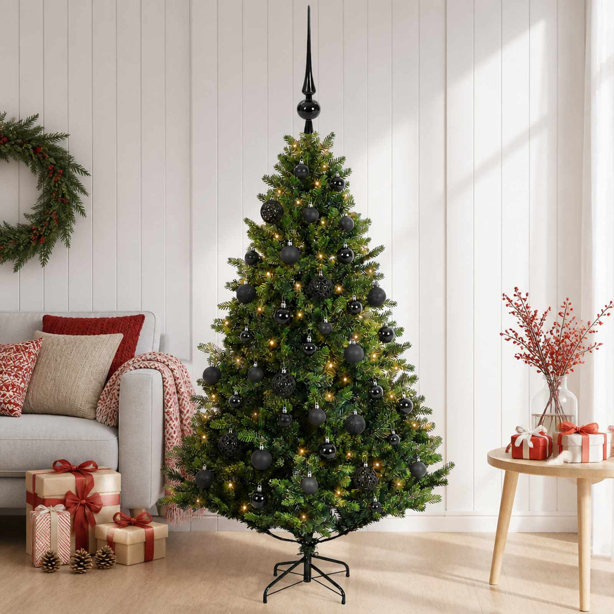Artificial Christmas Tree Bauble LEDs Green black balls