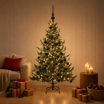 Artificial Christmas Tree with Bauble 150 LEDs Green 150 cm with LEDs & black balls