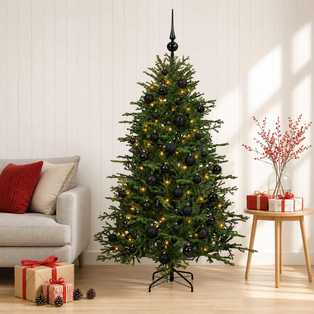 Artificial Christmas Tree with Bauble 150 LEDs 120 cm with LEDs & black balls