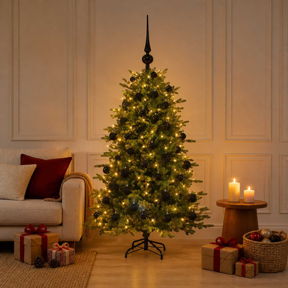 Artificial Christmas Tree with Bauble 150 LEDs 120 cm with LEDs & black balls