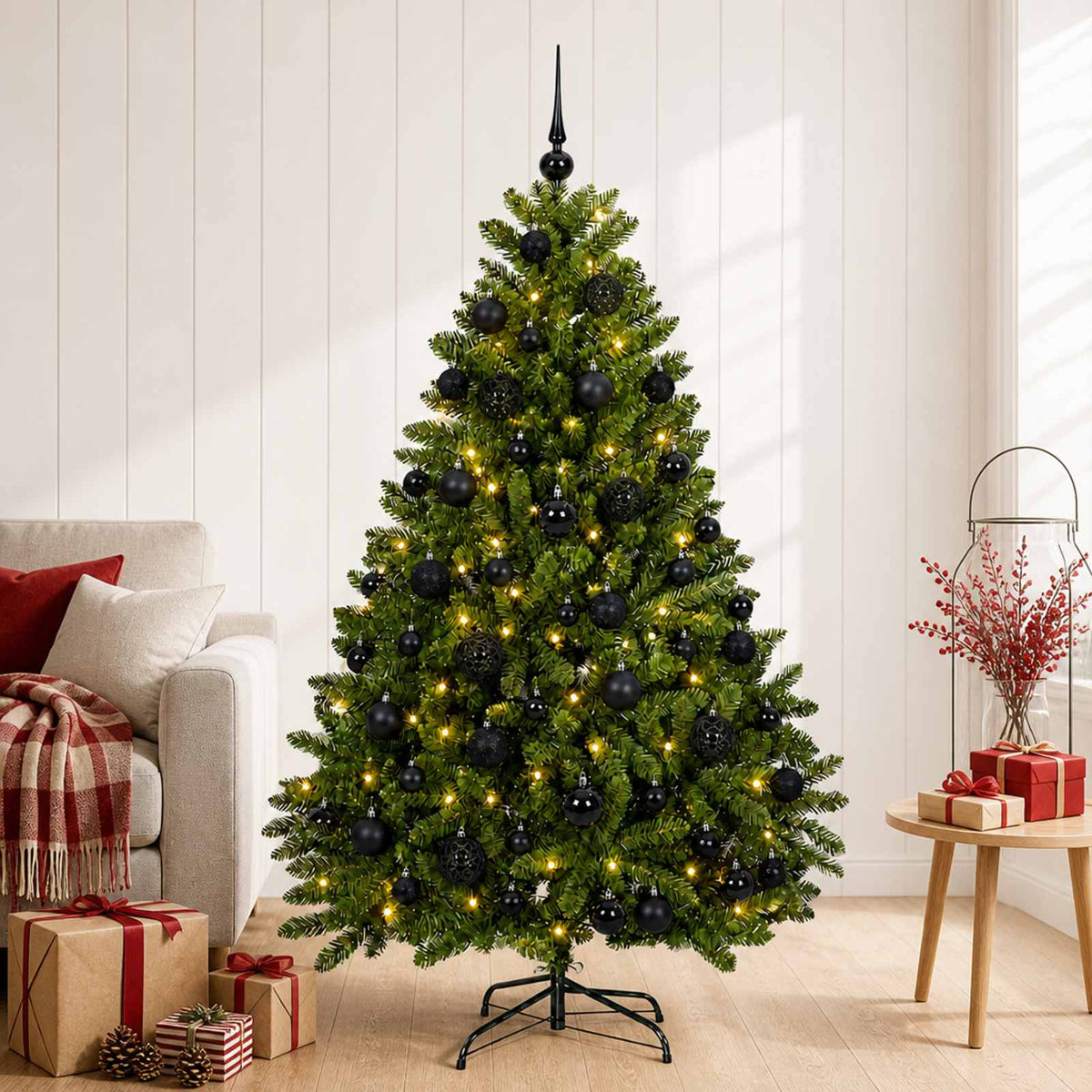 Artificial Christmas Tree with Bauble 120 cm Light green with 150 LEDs&black balls