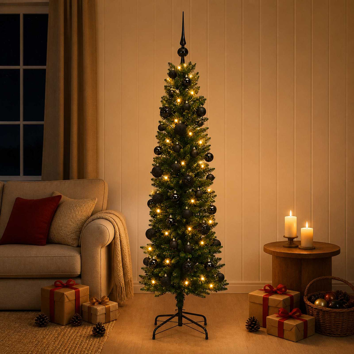 vidaXL Artificial Slim Christmas Tree with Bauble 150 cm 150 LEDs 1