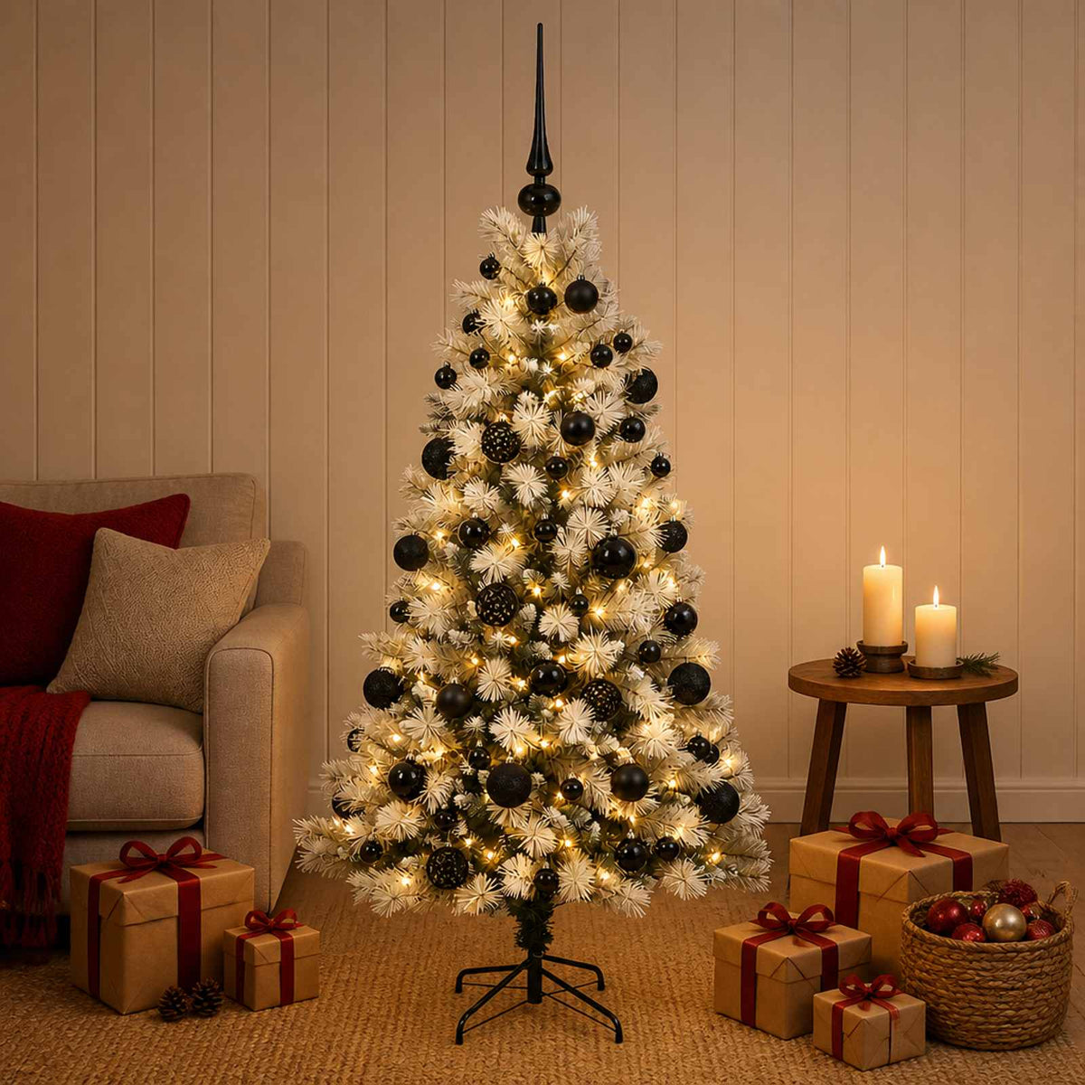 Artificial Hinged Christmas Tree with Baubles 150 LEDs with LEDs & black balls