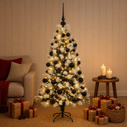 Artificial Hinged Christmas Tree with Baubles 150 LEDs with LEDs & black balls