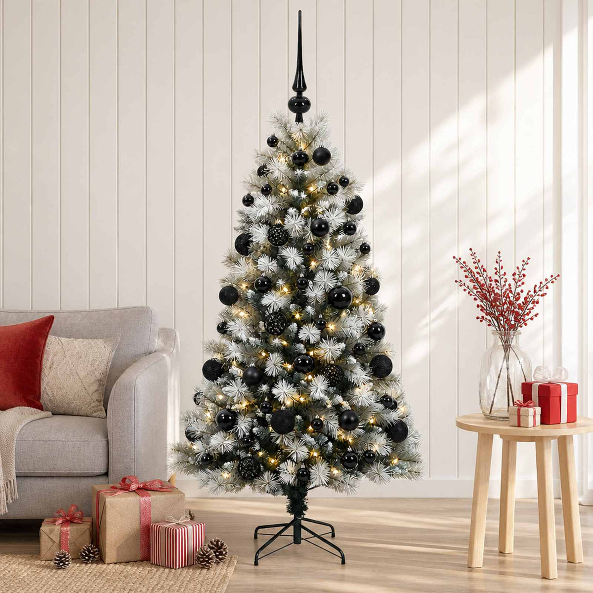 Artificial Hinged Christmas Tree with Baubles 150 LEDs with LEDs & black balls