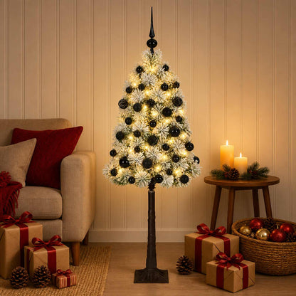 Artificial Hinged Christmas Tree with Baubles 150 LEDs Green and white 120 cm with LEDs & black balls