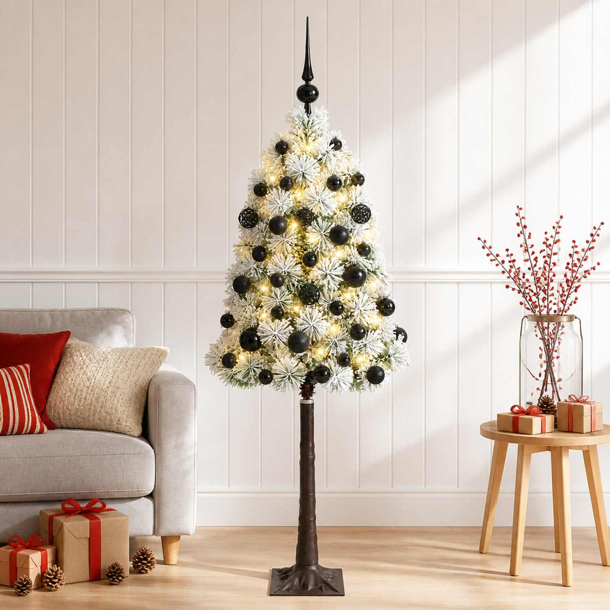Artificial Hinged Christmas Tree with Baubles 150 LEDs Green and white 120 cm with LEDs & black balls