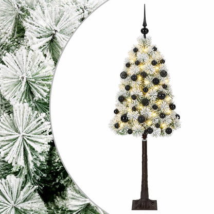 Artificial Hinged Christmas Tree with Baubles 150 LEDs Green and white 120 cm with LEDs & black balls