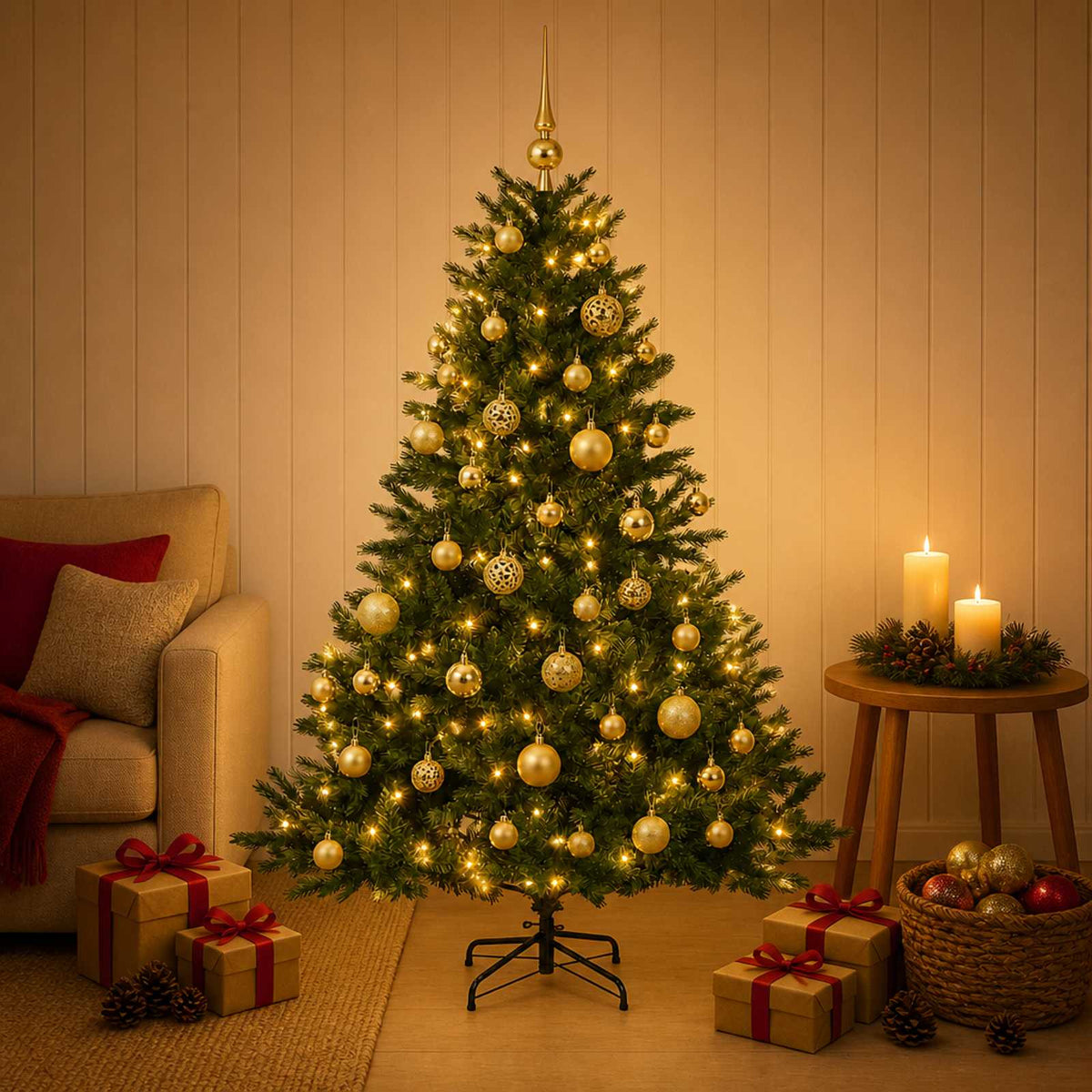 Artificial Christmas Tree Bauble LEDs Green gold balls